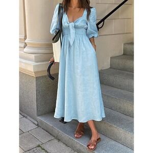 Commense Linen Cotton  Tie‎ Front Midi Dress Smocked Waist Puff Sleeve Sundress
